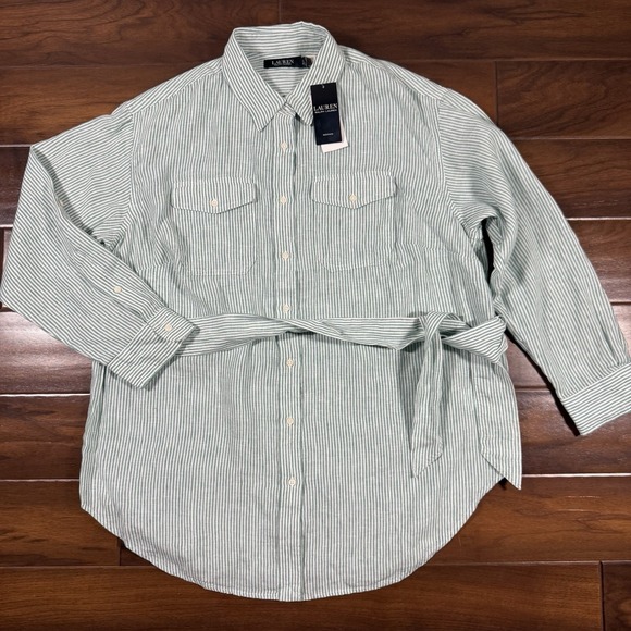 Lauren Ralph Lauren Tops - Lauren Ralph Lauren Women's Size 1X Green White Striped Belted‎ Linen Shirt Top